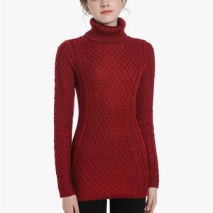 Elegant Red Cable Knit Turtleneck Sweater